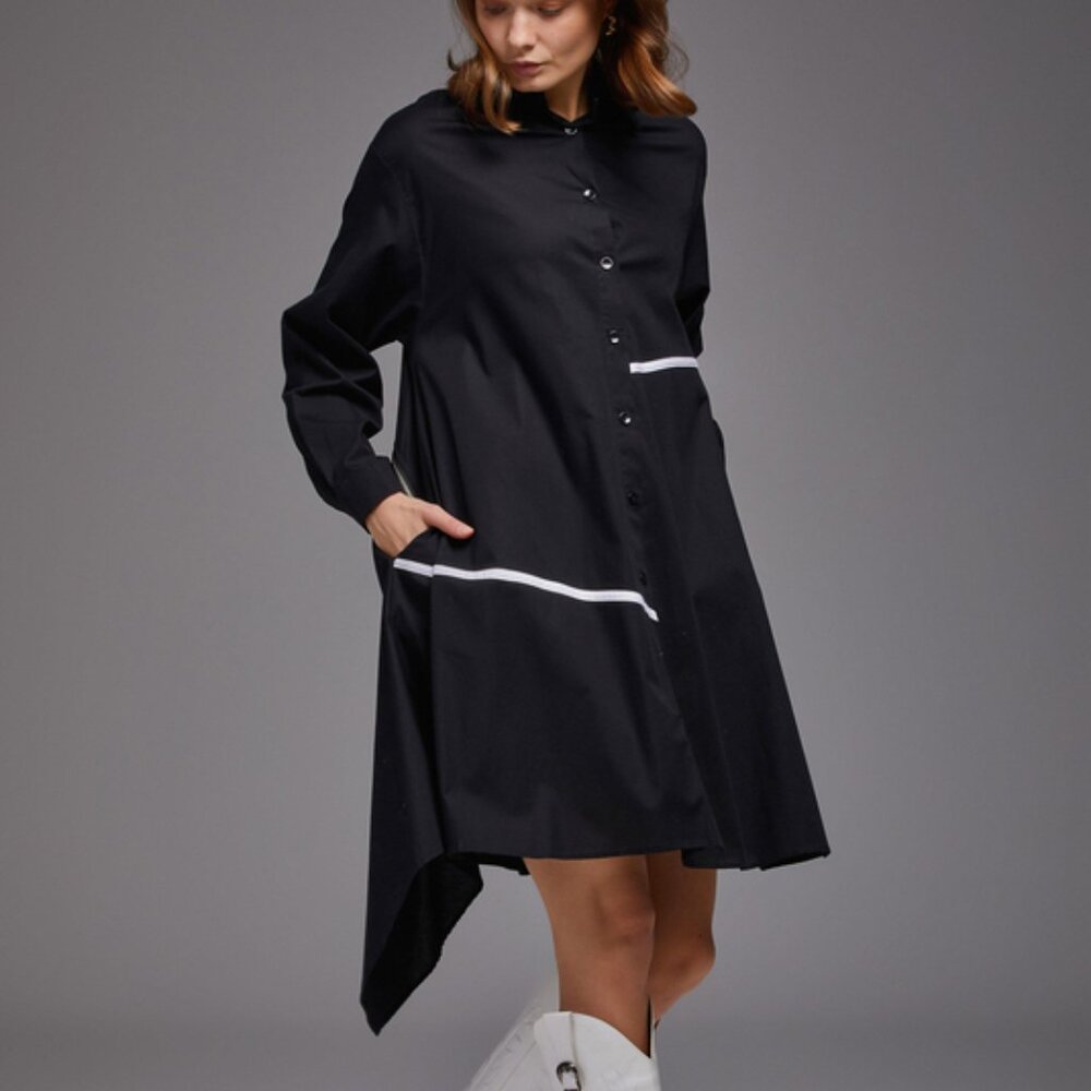 Vor Nisantasi NWOT asymmetrical black white button down ruffle zip shirt dress L - Picture 2 of 16